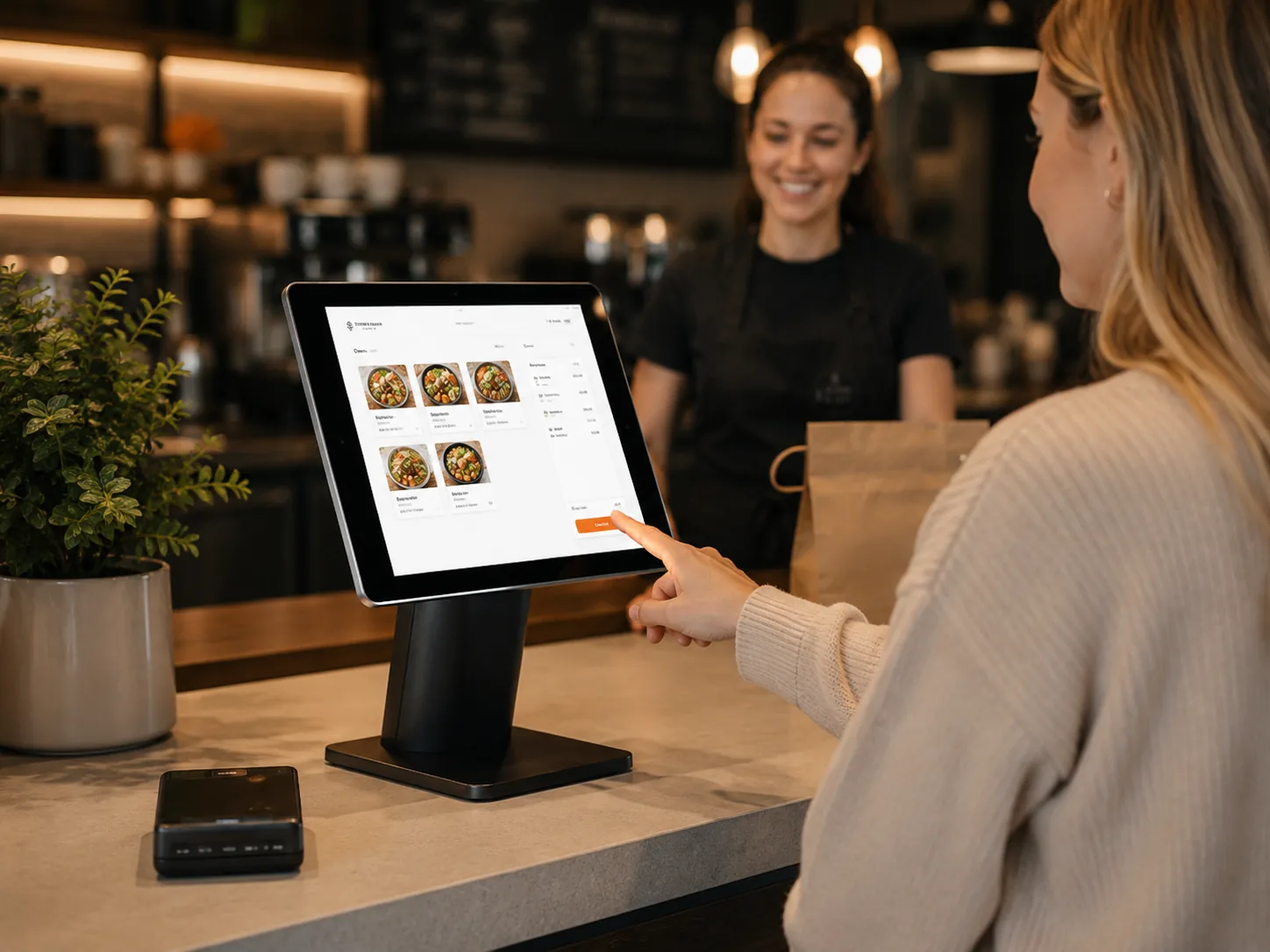 Kunde bruger en TakeawayBoost selvbetjeningskiosk på restaurantens disk