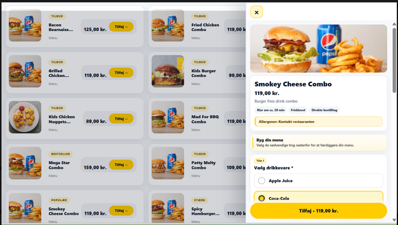 TakeawayBoost product drawer with combo choices and add to cart